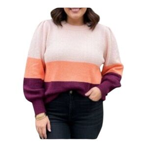 Ava & Viv Women's Size Crewneck Striped Puff Sleeve Pullover, Size X